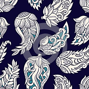 Floral seamless pattern. Doodle vector background with flowers, leaves. Indian ornament, henna style.